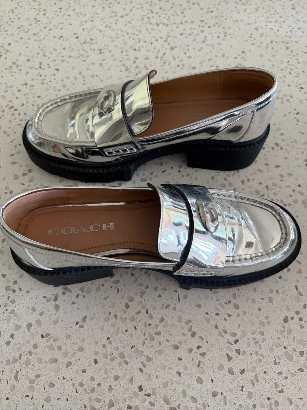 Coach Leah Women’s Silver Metallic Lug Sole Loafers